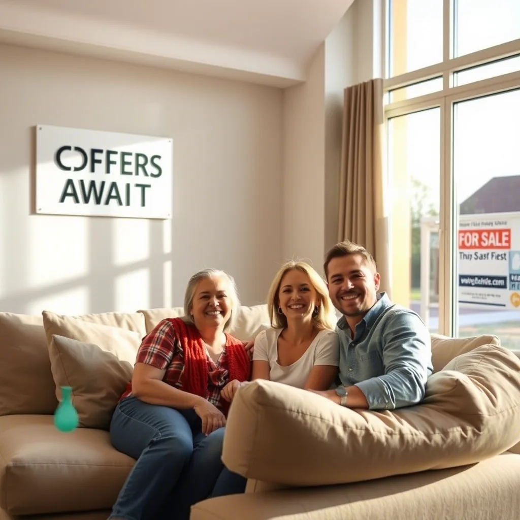 Three people sitting together on a beige couch in a cozy living room with 'OFFERS AWAIT' and 'FOR SALE' signs visible.